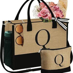 Initial Jute Tote Bag & Makeup Bag, Birthday Gifts for Women Her Mom Teacher